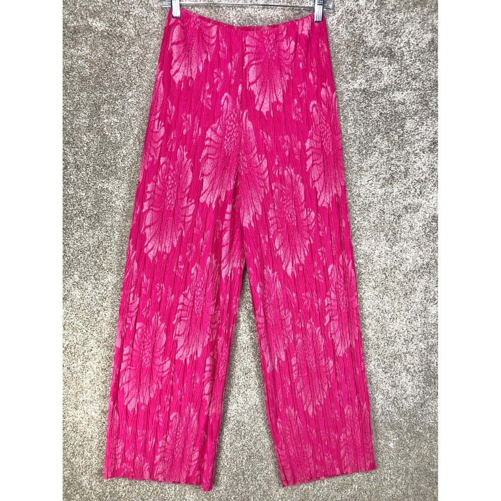 Zara Crinkle Pleated Leaf Print Wide Leg Pants Women Sz S Pink High Rise Summer